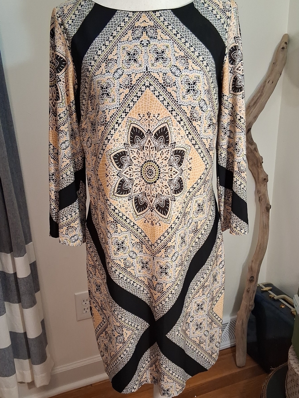 Valerie Bertinelli Cream and Black Printed Midi Dress